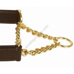 Comfy Half Check Leather Dog Collar BRASS Chain: Brown tan lining 